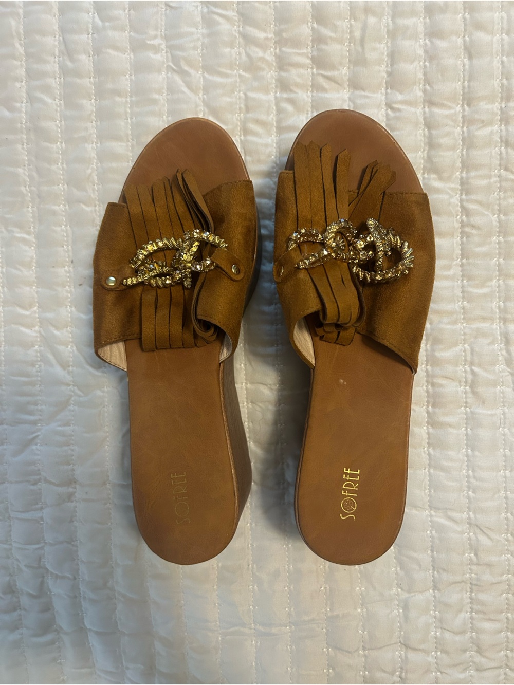 Tan Suede Fringe Platform Mules with Gold Chain Detail